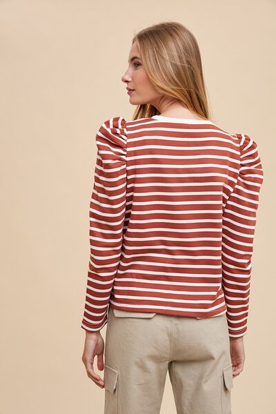 Annie Wear Striped Round Neck Puff Sleeve French Terry Top - Drazelle Store