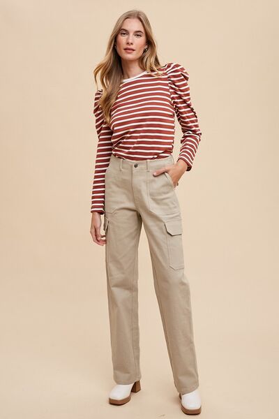 Annie Wear Striped Round Neck Puff Sleeve French Terry Top - Drazelle Store