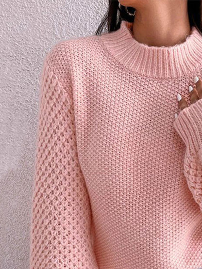 Openwork Mock Neck Long Sleeve Sweater - Drazelle Store