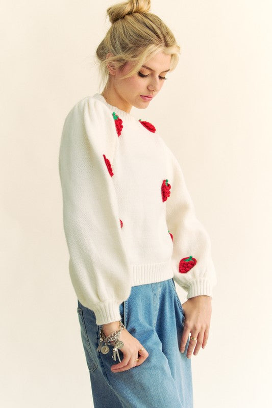 Davi & Dani Crochet Strawberry Round Neck Sweater - Drazelle Store