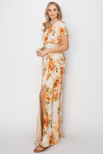 HYFVE Floral Tie Back Short Sleeve Slit Maxi Dress - Drazelle Store