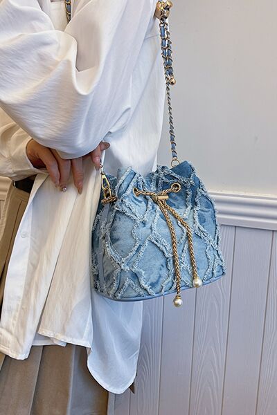 Chain Drawstring Raw Edge Denim Bucket Bag - Drazelle Store