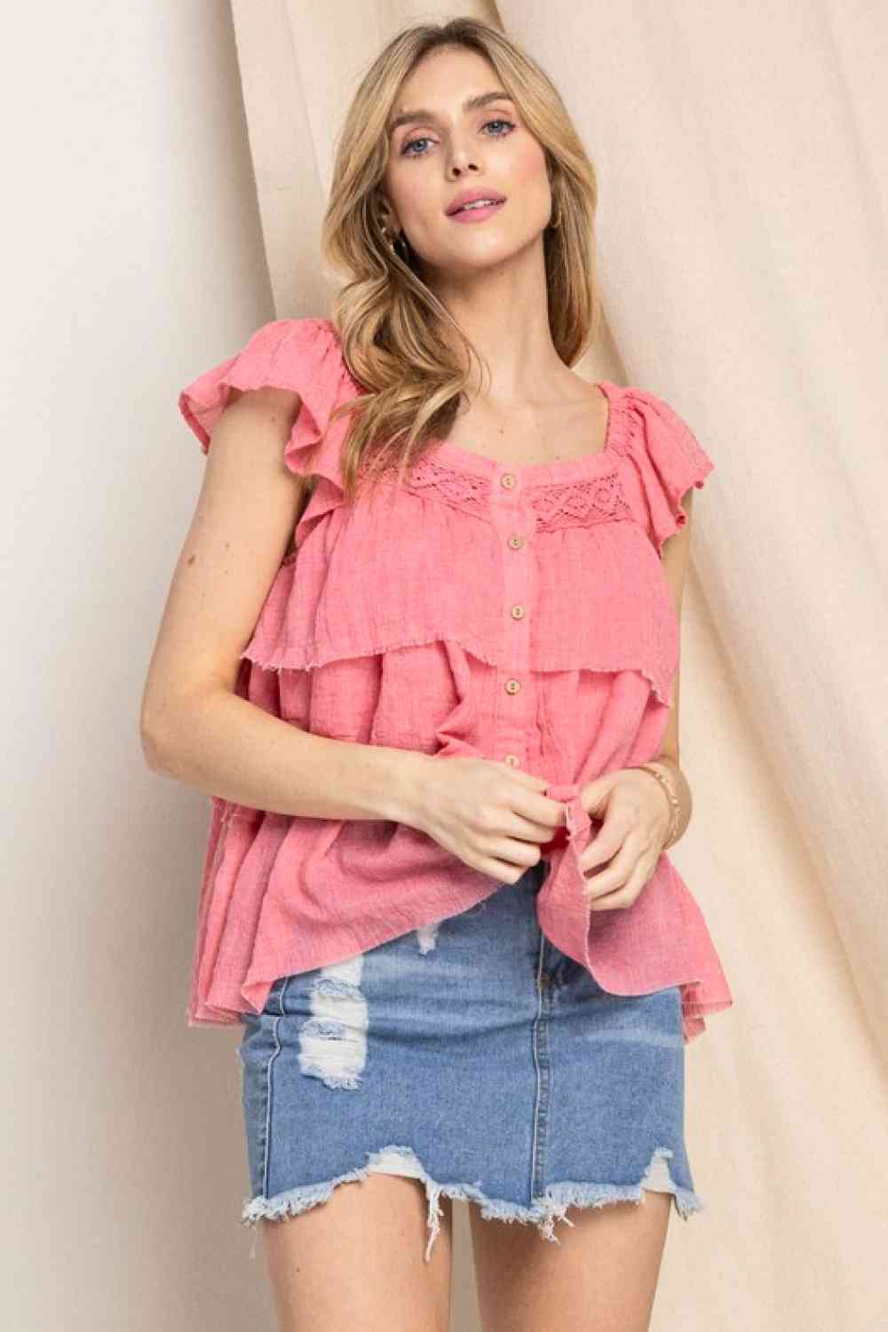 ODDI Full Size Buttoned Ruffled Top - Drazelle Store