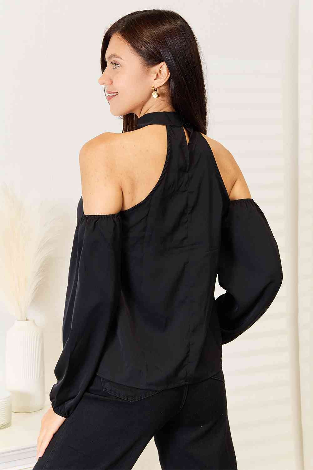 Perfee Grecian Cold Shoulder Long Sleeve Blouse - Drazelle Store