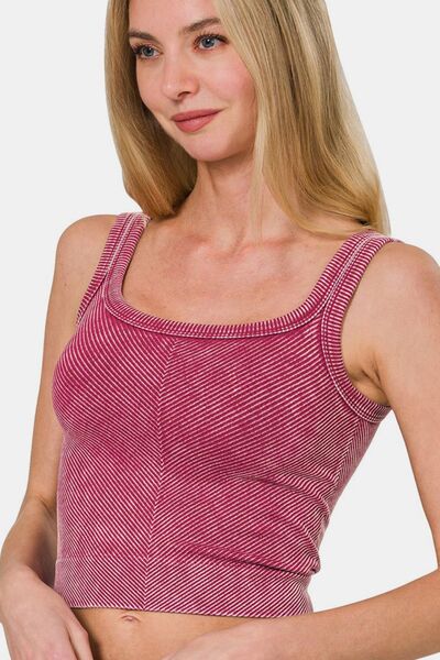 Zenana Washed Ribbed Scoop Neck Wide Strap Tank - Drazelle Store