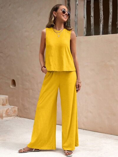 Round Neck Sleeveless Top and Wide Leg Pants Set - Drazelle Store