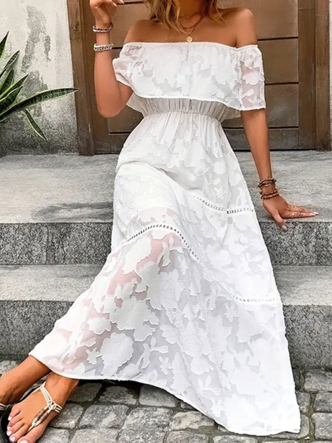 Off-Shoulder Short Sleeve Maxi Dress - Drazelle Store