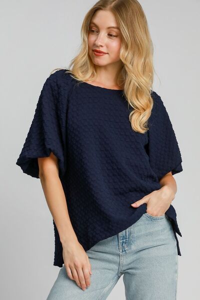 Umgee Full Size Boxy Cut Jacquard Round Neck Top with Side Slit - Drazelle Store