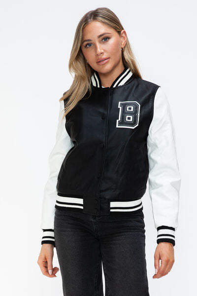 PU Leather Contrast Snap Down Bomber Jacket - Drazelle Store