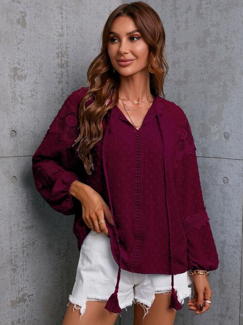 Crochet Tassel Tie Neck Long Sleeve Blouse - Drazelle Store