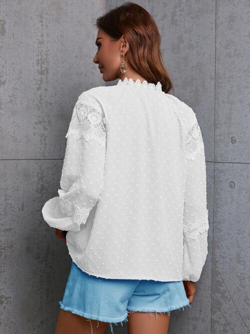 Crochet Tassel Tie Neck Long Sleeve Blouse - Drazelle Store