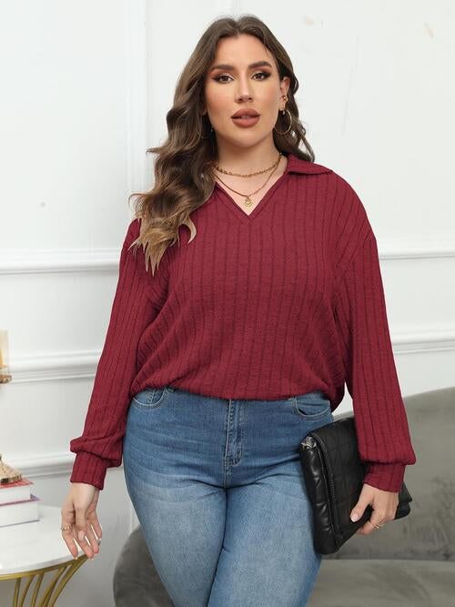 Plus Size Ribbed Collared Neck Long Sleeve Blouse - Drazelle Store