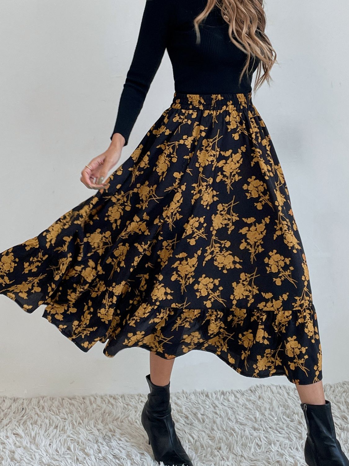 Printed Elastic Waist Midi Skirt - Drazelle Store