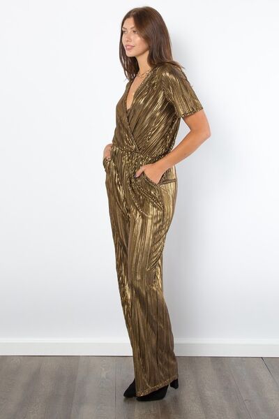 Be Stage Surplice Short Sleeve Pleated Foil Jumpsuit - Drazelle Store