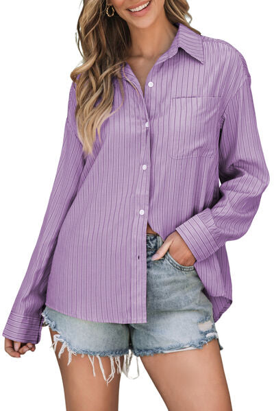 Striped Button Up Long Sleeve Shirt - Drazelle Store