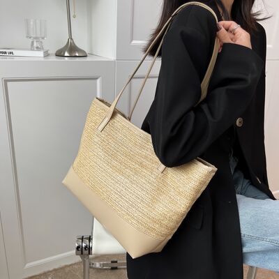 Straw Weave Leather Strap Tote Bag - Drazelle Store