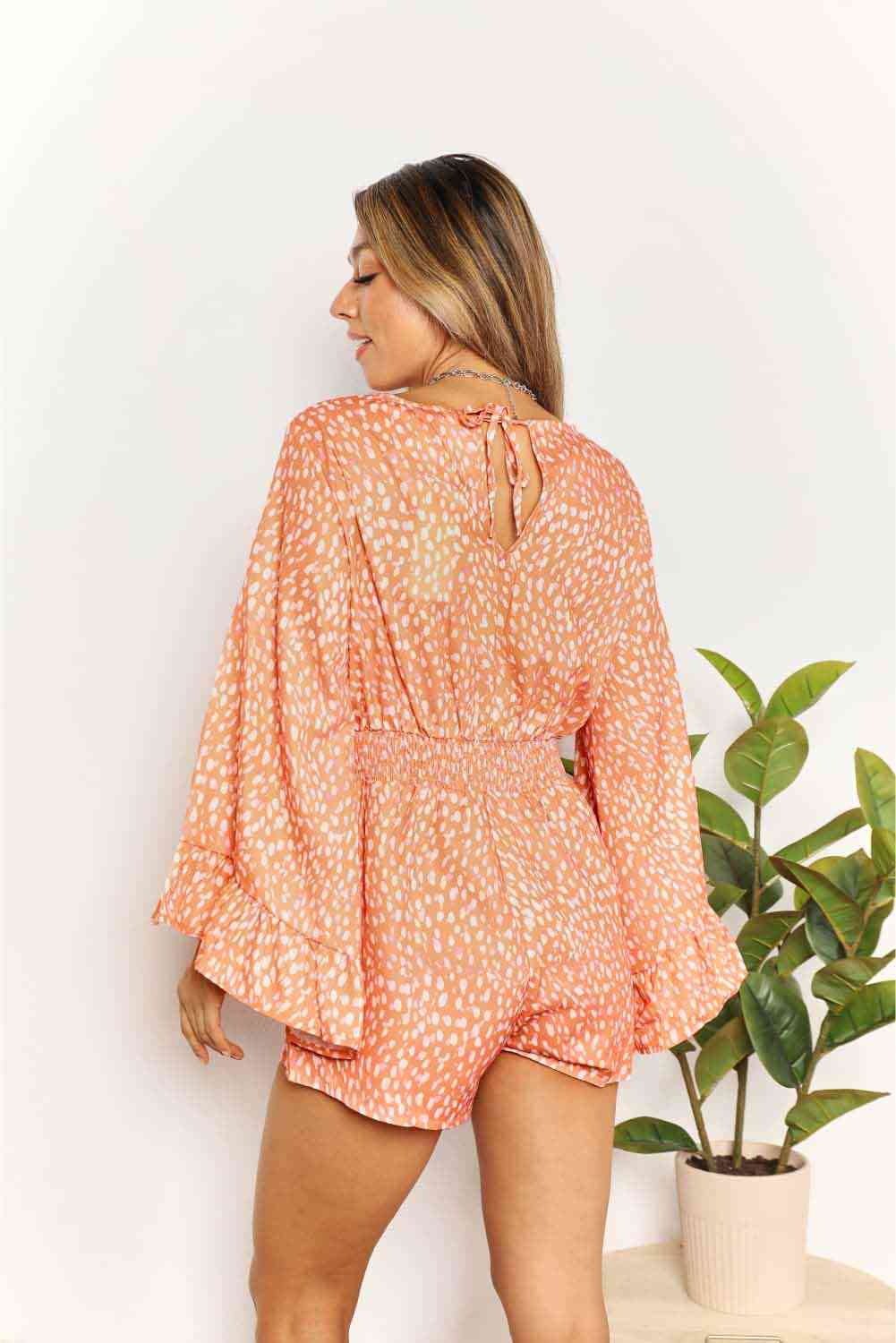 Double Take Printed Flare Sleeve Surplice Romper - Drazelle Store