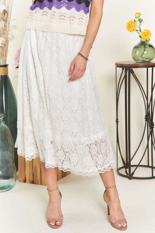 ADORA Elastic Waist Lace Midi Skirt - Drazelle Store