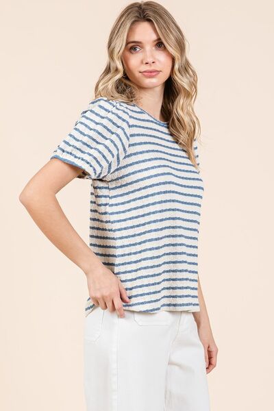 Mittoshop Contrast Striped Short Puff Sleeve Knit Top - Drazelle Store