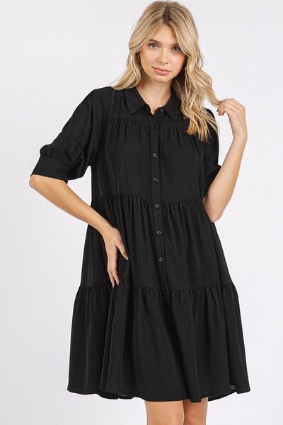 Mittoshop Button Detail Collared Neck Tiered Shirt Dress - Drazelle Store