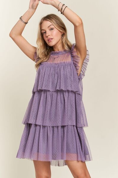 ADORA Layered Ruffled Cap Sleeve Mesh Dress - Drazelle Store