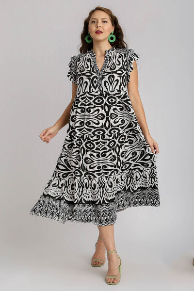 Two Tone Border Print Ruffle Cap Sleeve Midi Dress - Drazelle Store