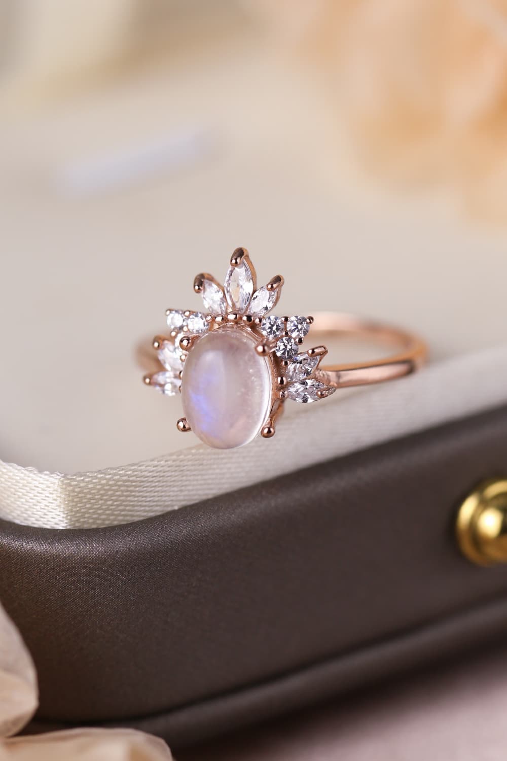  Natural Moonstone 18K Rose Gold-Plated 925 Sterling Silver Ring - Drazelle Store