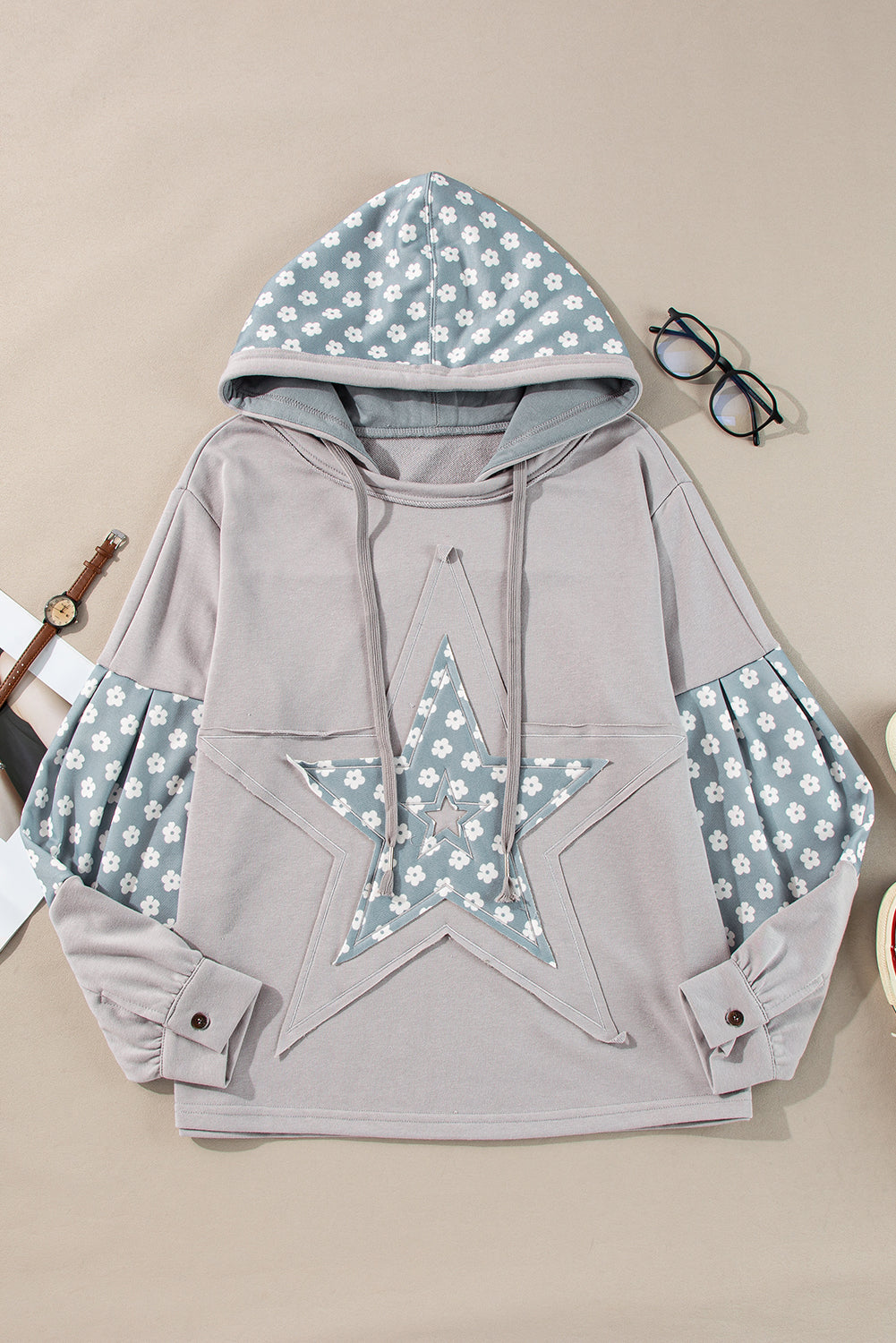 Floral Patchwork Star Pattern Drawstring Hoodie - Drazelle Store