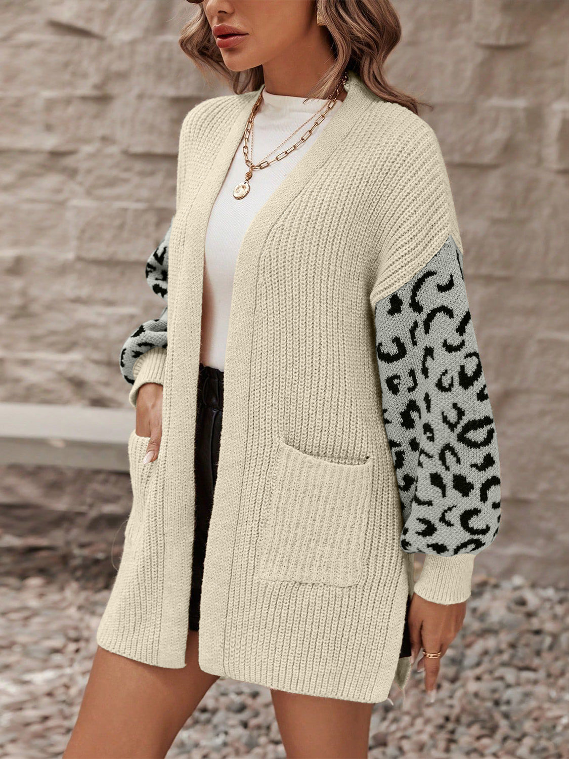 Pocketed Leopard Open Front Cardigan - Drazelle Store