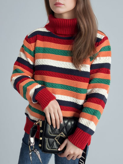 Contrast Stripes Turtleneck Long Sleeve Sweater - Drazelle Store