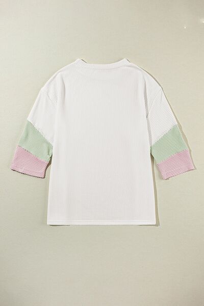 Color Block Ribbed Knit Three-Quarter Sleeve Top - Drazelle Store