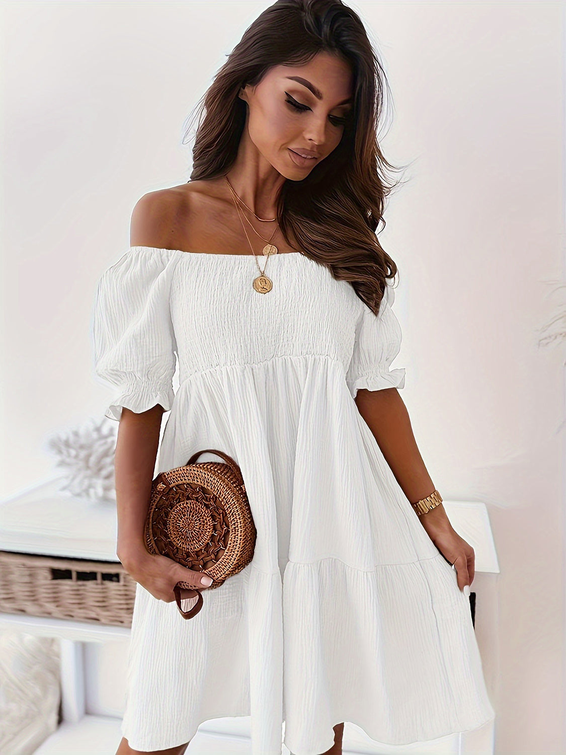 Ruffled Off-Shoulder Short Sleeve Dress - Drazelle Store