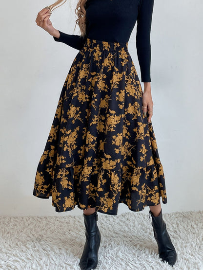 Printed Elastic Waist Midi Skirt - Drazelle Store