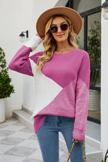 Color Block Round Neck Sweater - Drazelle Store