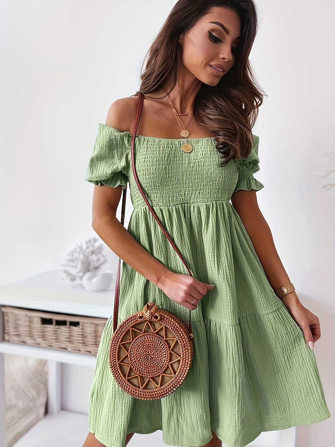 Ruffled Off-Shoulder Short Sleeve Dress - Drazelle Store