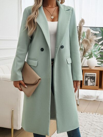 Devine Pocketed Collared Neck Long Sleeve Coat - Drazelle Store