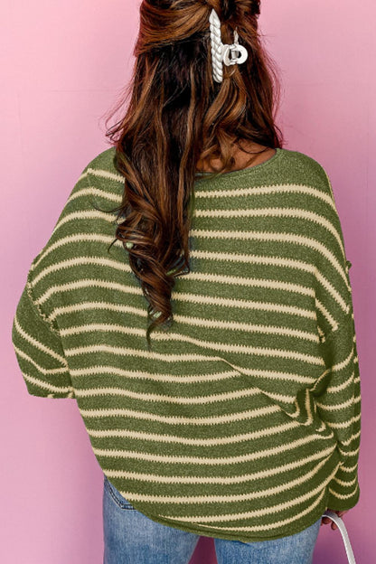 Striped Round Neck Dropped Shoulder Sweater - Drazelle Store