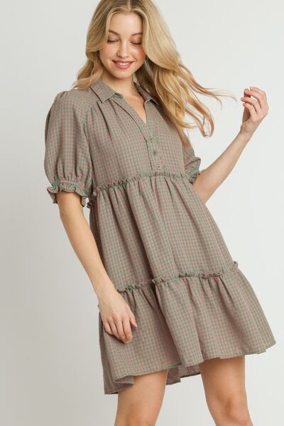 Plaid Frill Button Detail Ruffled Short Sleeve Dress - Drazelle Store