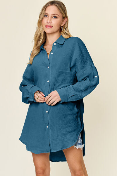 Double Take Full Size Pocketed Texture Button Up Shirt - Drazelle Store