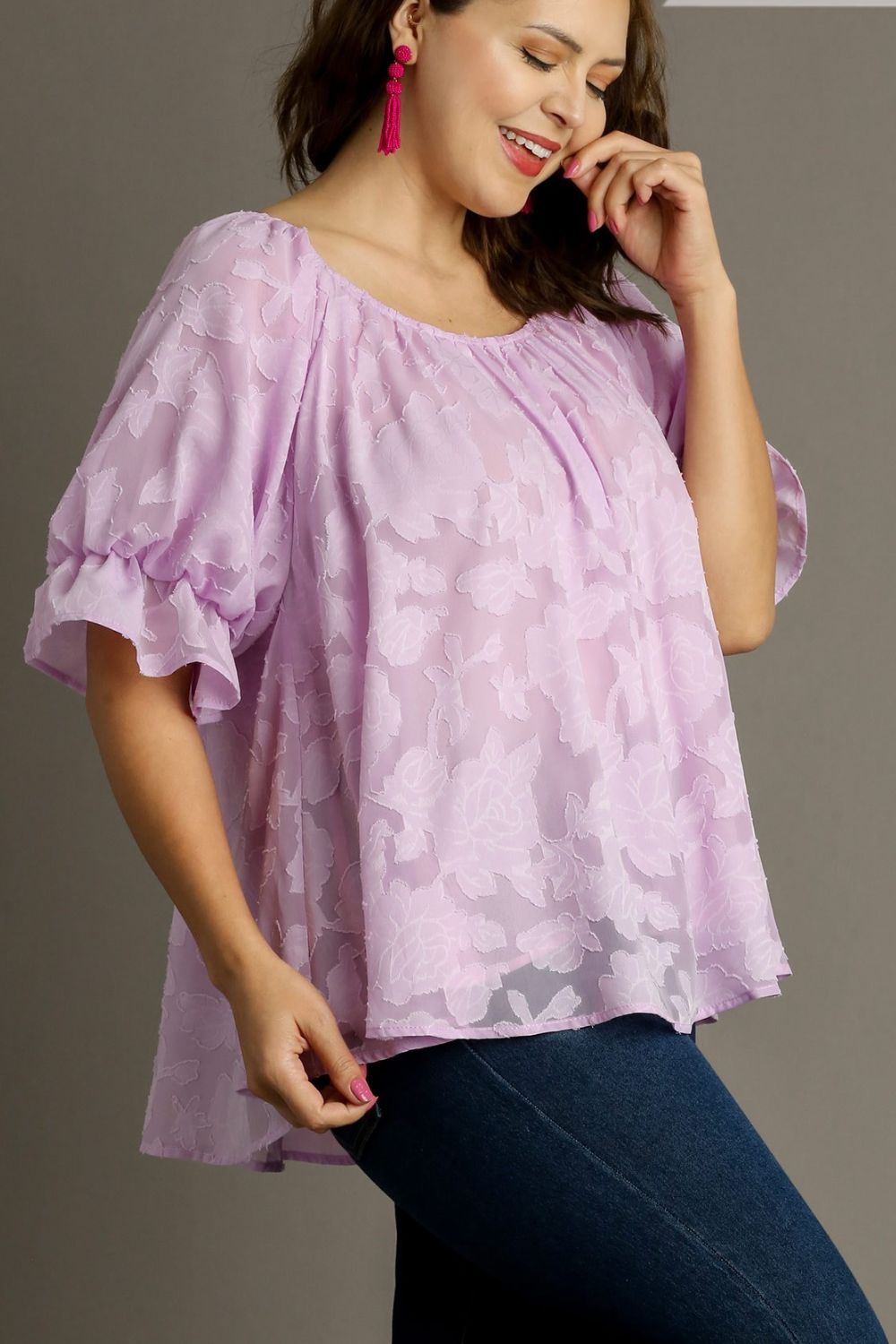 Jacquard Round Neck Ruffled Puff Sleeve Blouse - Drazelle Store