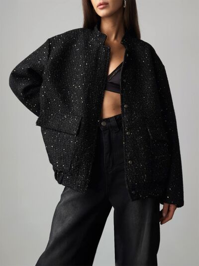 Sequin Detail Pocketed Long Sleeve Jacket - Drazelle Store