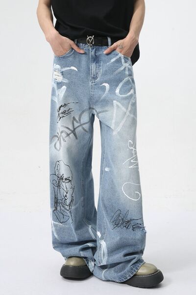 Mid Rise Graffiti Print Distressed Wide Leg Jeans - Drazelle Store