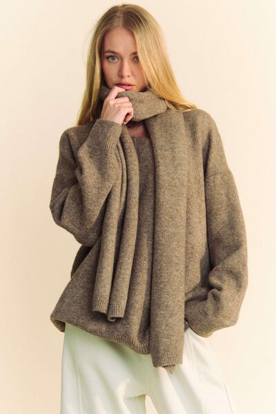 Dani & Dani V-Neck Dropped Shoulder Sweater with Scarf - Drazelle Store