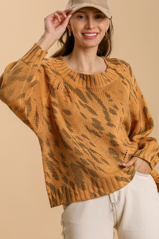 Animal Print Round Neck Distressed Detail Sweater - Drazelle Store