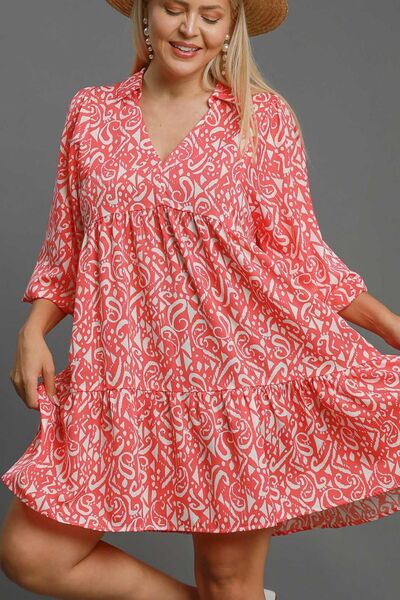 Umgee Full Size Two Tone Print Balloon Sleeve Tiered Dress - Drazelle Store