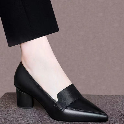 Genuine Leather Thick Heel Mid-heel Pointed Toe Women's Pumps - Drazelle Store