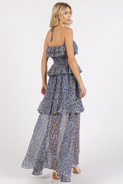 Mittoshop Ruffled Smocked Floral Halter Neck Maxi Dress - Drazelle Store