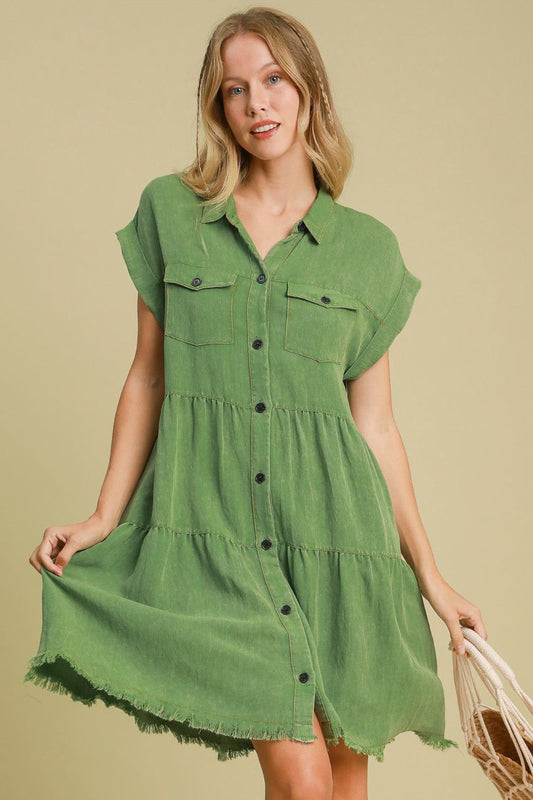 Frayed Hemline Button Down Shirt Dress - Drazelle Store