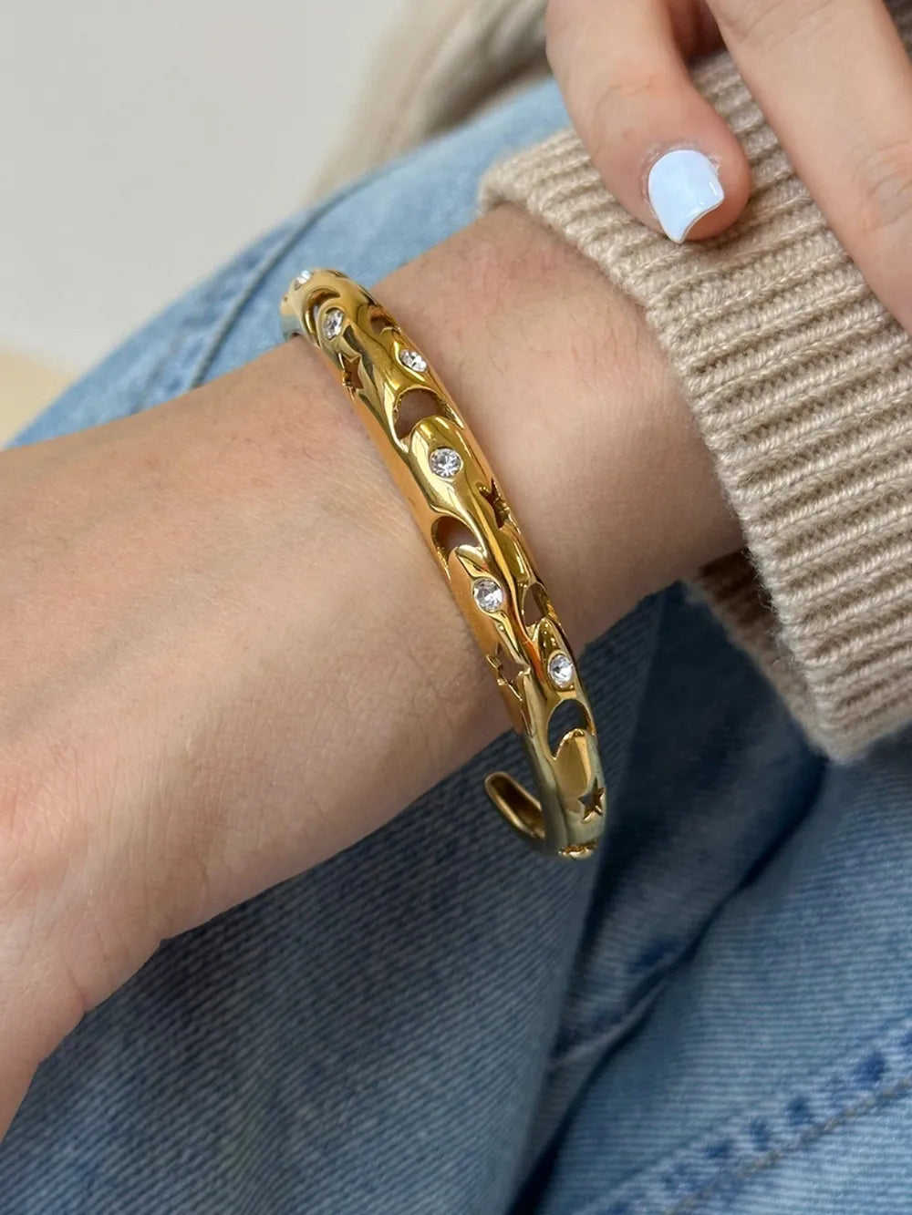 Stainless Steel Inlaid Rhinestone Cutout Bracelet - Drazelle Store