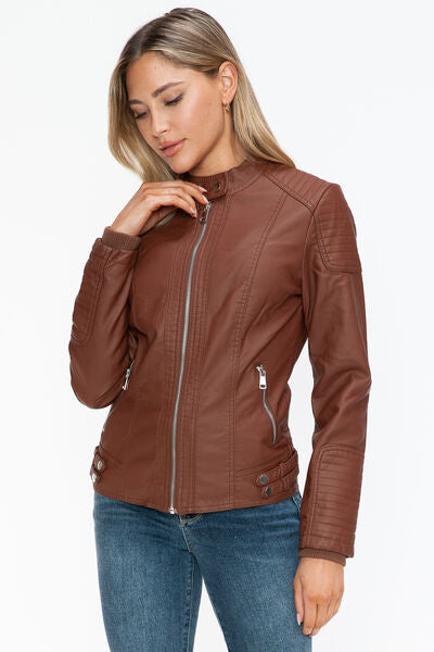 Snobbish Faux Leather Biker Jacket with Side Zip Pockets - Drazelle Store